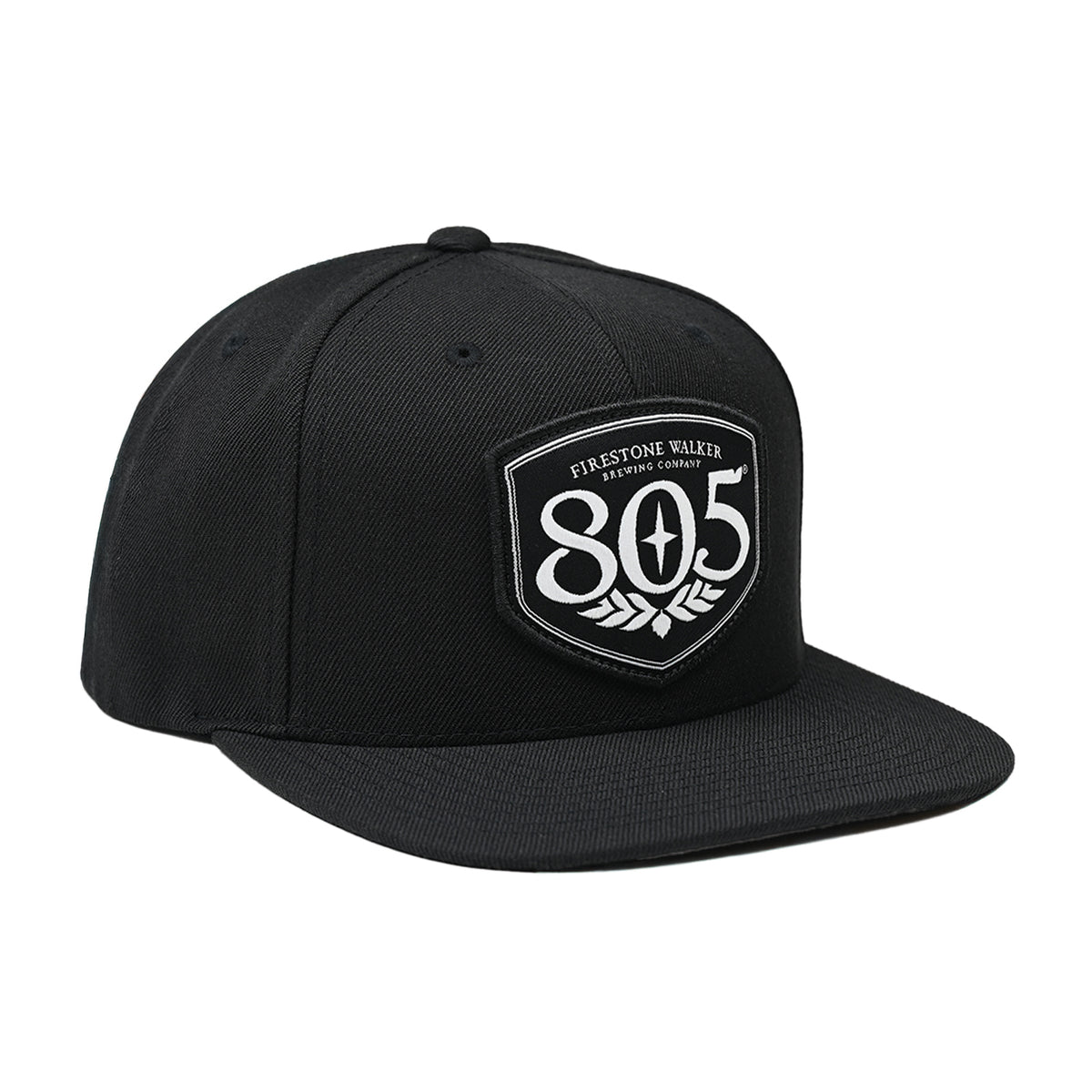 Firestone Walker 805 snapback hat, black with shield logo patch, angled right view