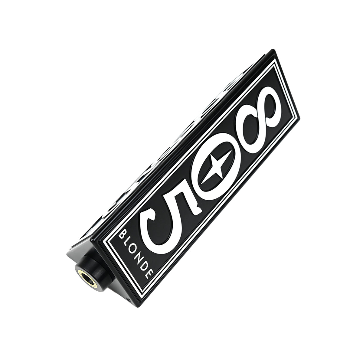 805 Blonde beer tap handle shown at angle, black with white logo, threaded mounting base