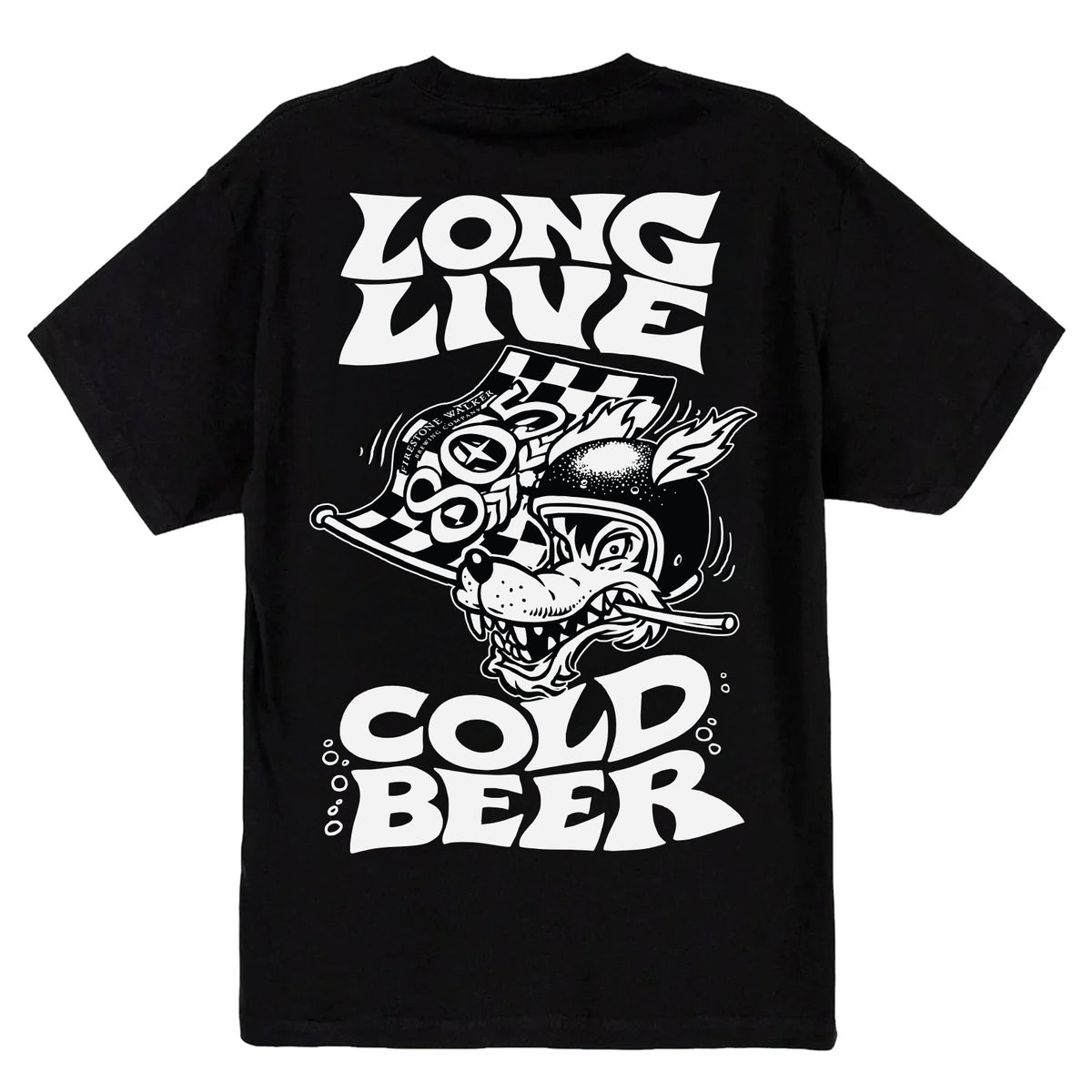 805 "Long Live Cold Beer" t-shirt, back print with wolf in racing helmet graphic, black