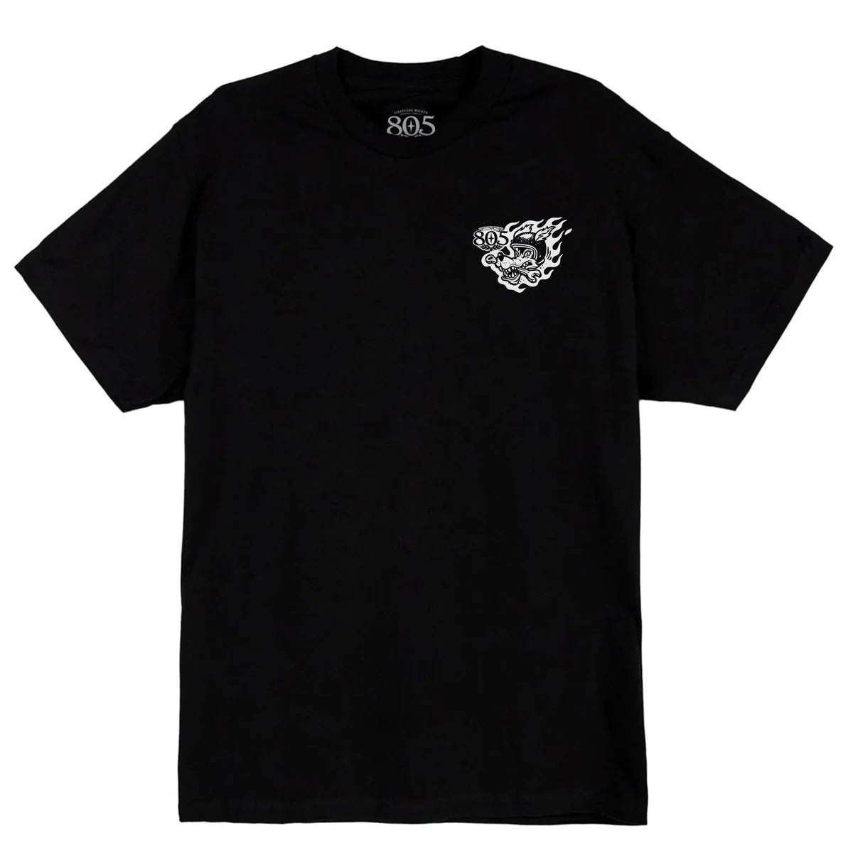 805 "Long Live Cold Beer" t-shirt, front view with small wolf graphic on left chest, black