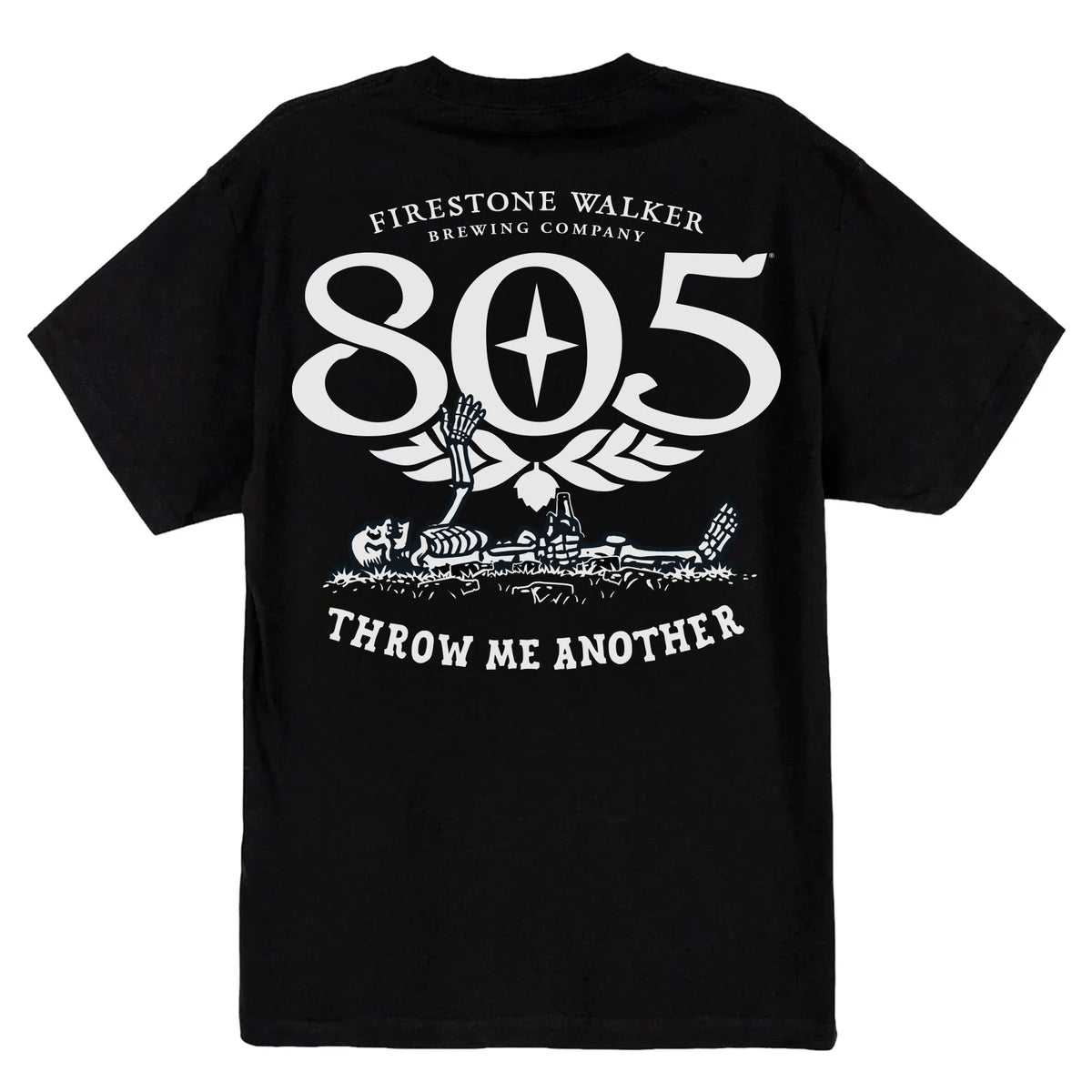 Firestone Walker 805 "Throw Me Another" t-shirt, back print with reclining skeleton graphic, black