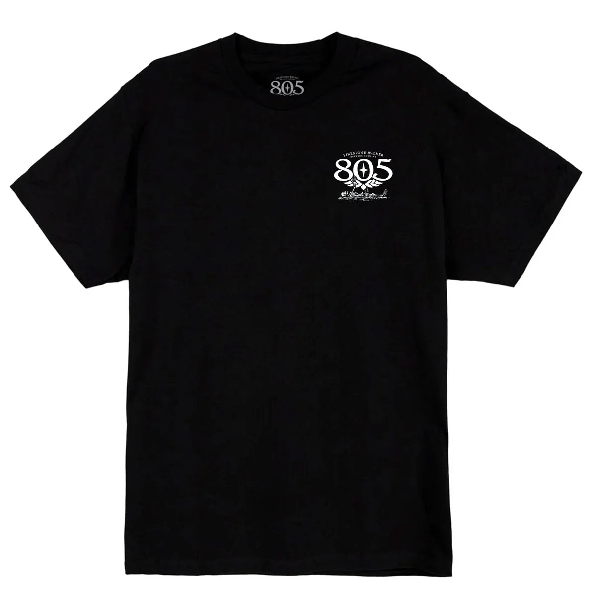 Firestone Walker 805 "Throw Me Another" t-shirt, front view with small logo on left chest, black