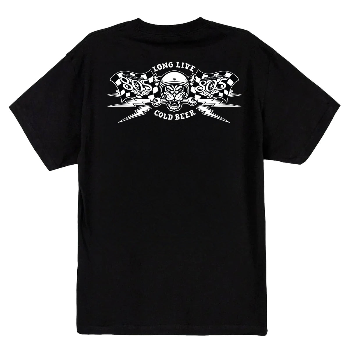 805 "Long Live Cold Beer" t-shirt, back print with tiger in helmet biting wrench graphic, checkered flags, black