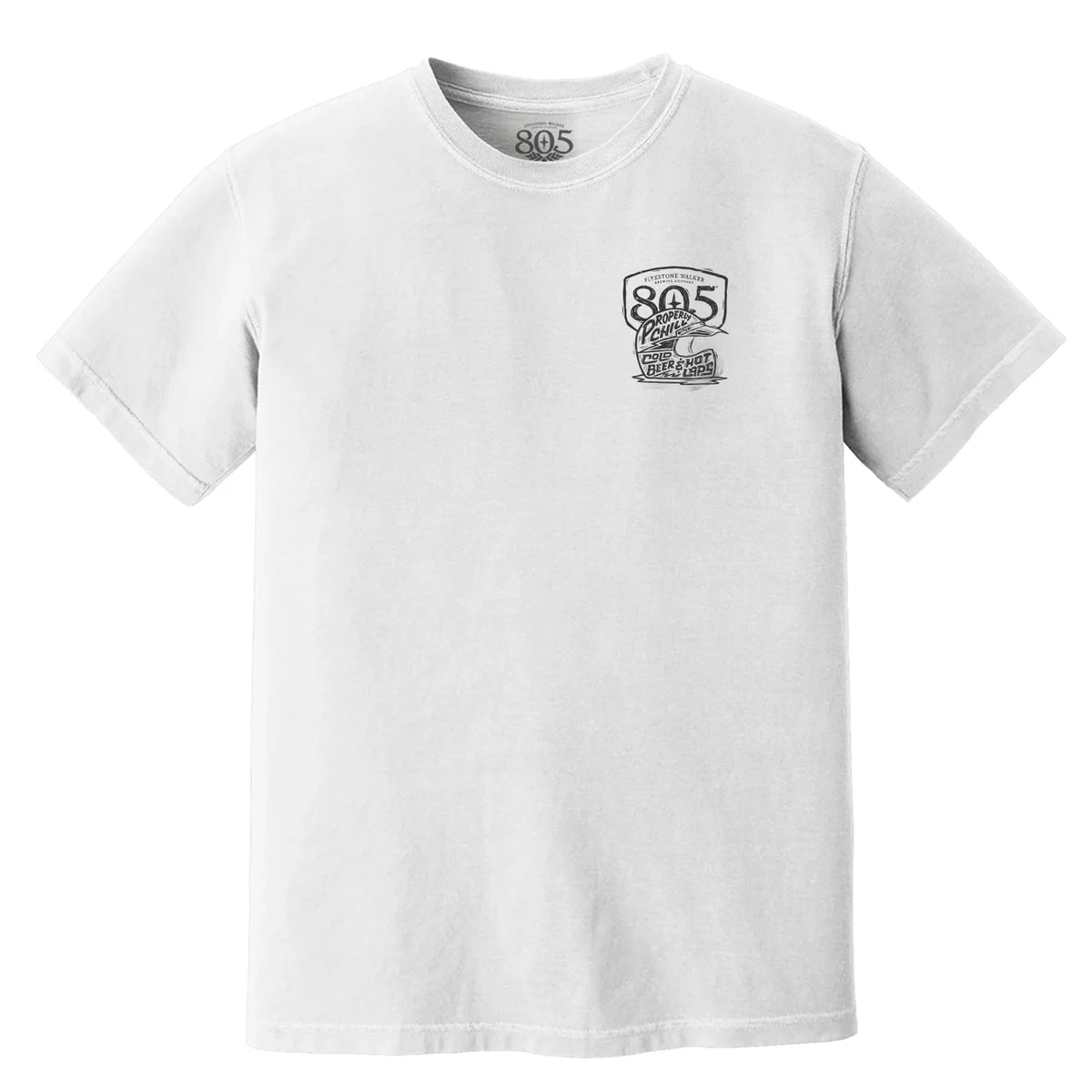 805 "Properly Chill, Cold Beer & Hot Laps" t-shirt, front view with small logo on left chest, vintage white