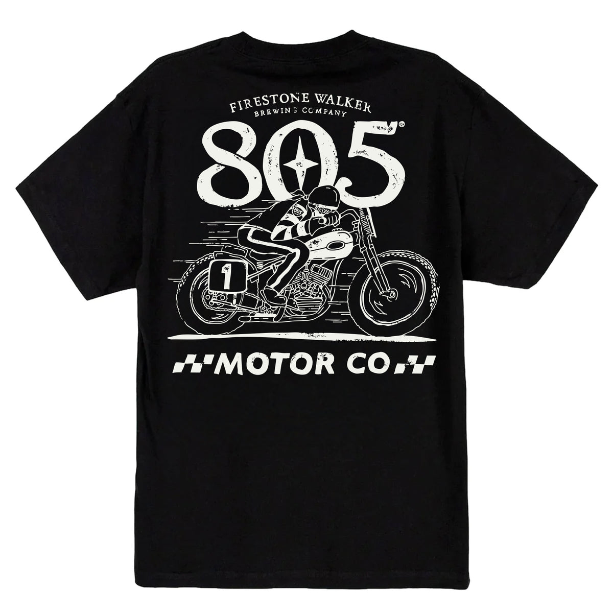 Firestone Walker 805 "Motor Co." t-shirt, back print with motorcycle racer graphic, black