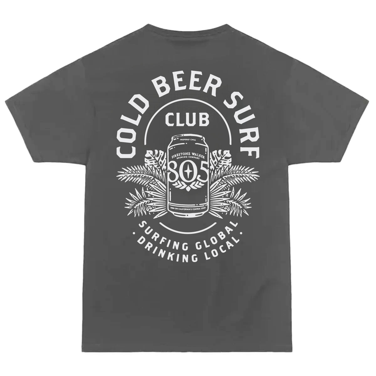 805 "Cold Beer Surf Club" t-shirt, back print with beer can and palm graphic, "Surfing Global Drinking Local," gray