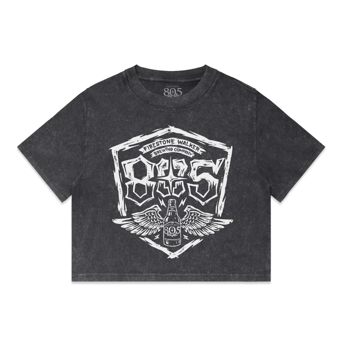 Firestone Walker 805 women's cropped t-shirt, front print with winged bottle and shield logo graphic, stone wash black
