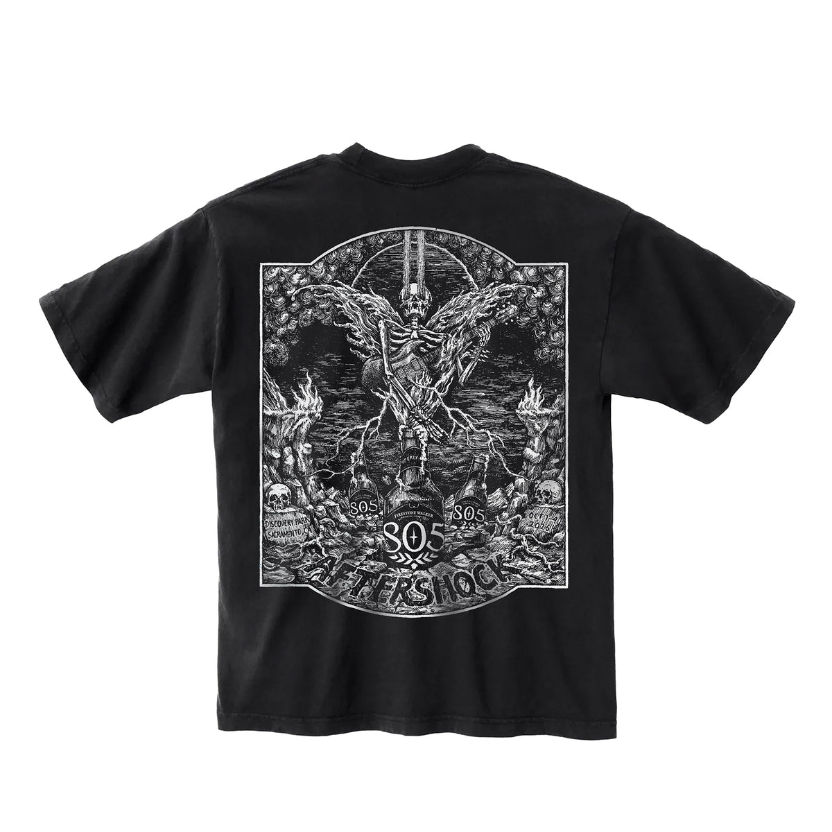 805 Aftershock t-shirt, back print with winged skeleton playing guitar over beer bottles and skulls, black