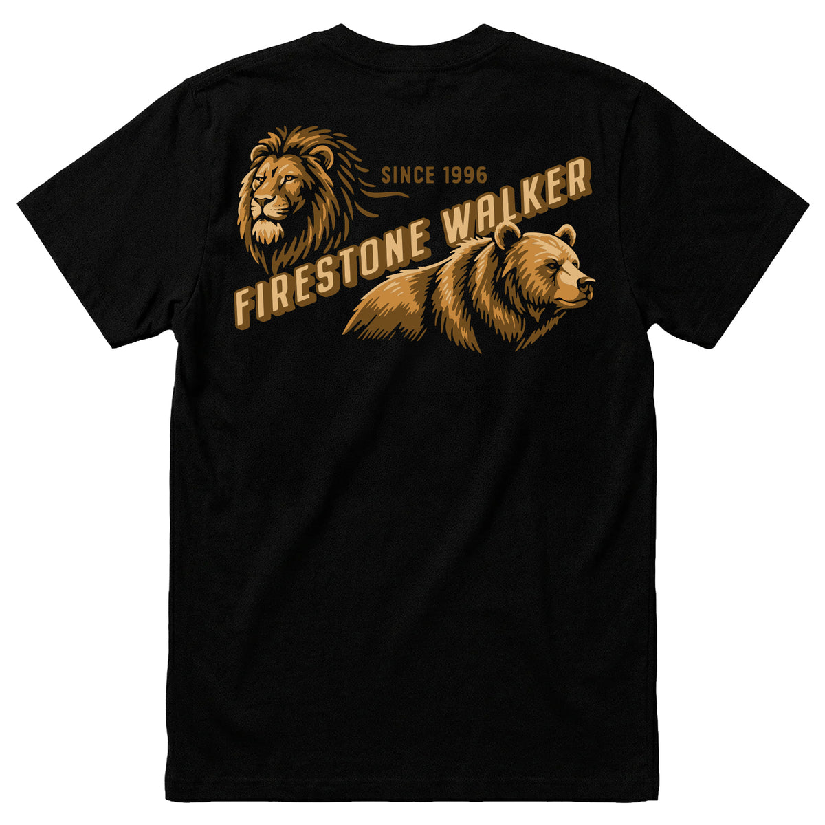 Firestone Walker t-shirt, back print with lion and bear graphic, "Since 1996," black