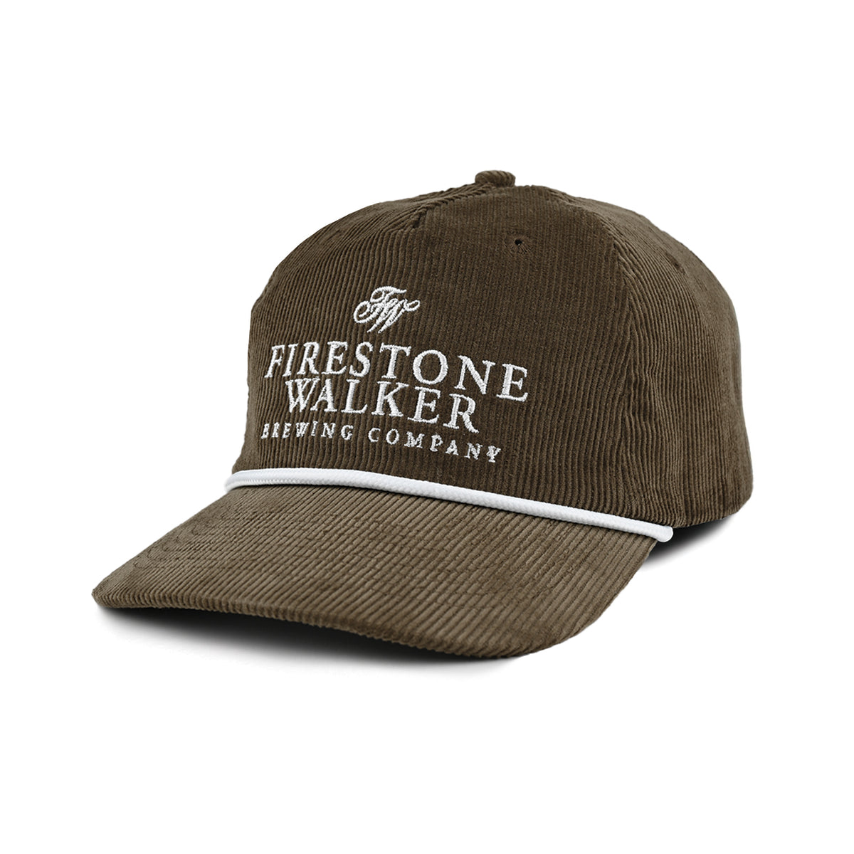 Firestone Walker Wordmark Cord Hat in brown corduroy, shown at a left angle with white embroidered Firestone Walker Brewing Company logo and white rope across the bill.