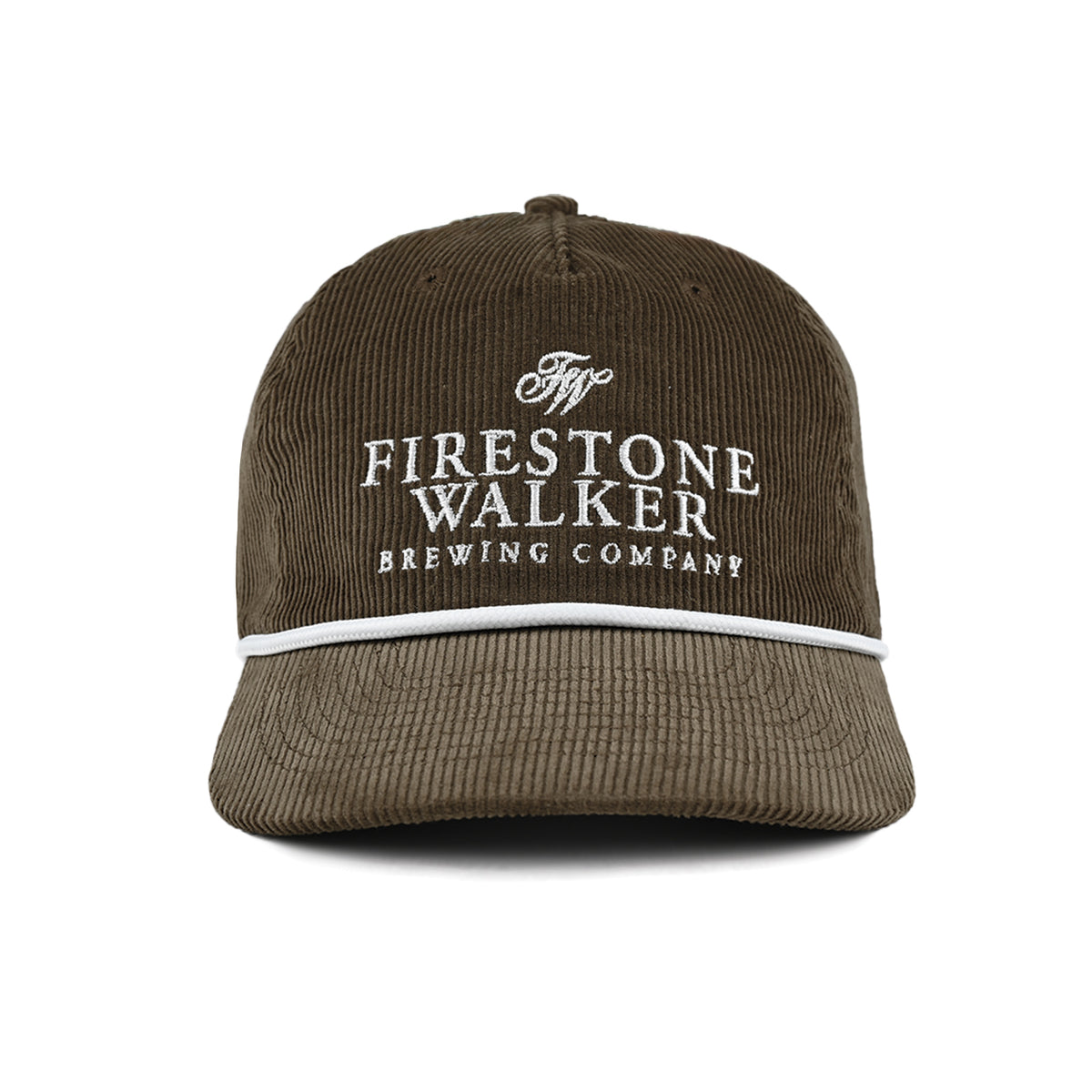 Front view of the brown corduroy Firestone Walker hat with the white embroidered FW monogram and Firestone Walker Brewing Company wordmark above a white rope trim.