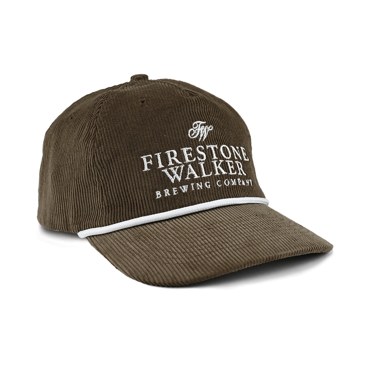 Firestone Walker Wordmark Cord Hat in brown corduroy, shown at a right angle with the white embroidered logo and white rope detail along the curved bill.