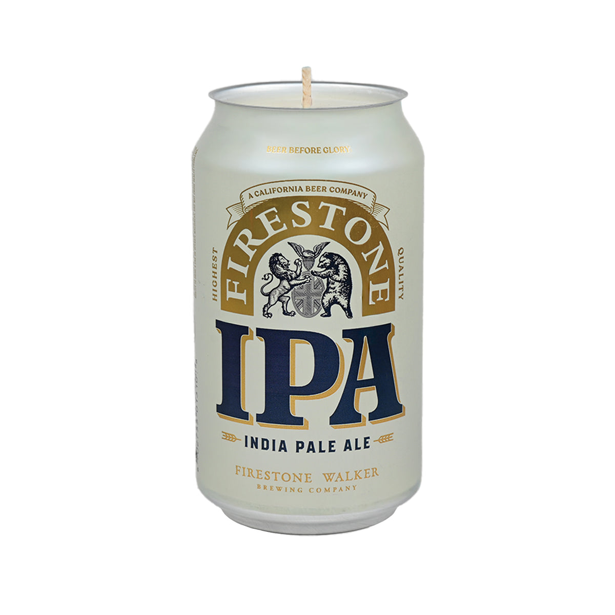 Firestone Walker IPA candle made from a beer can, cream and gold with navy “IPA” lettering and lion and bear crest, wooden wick
