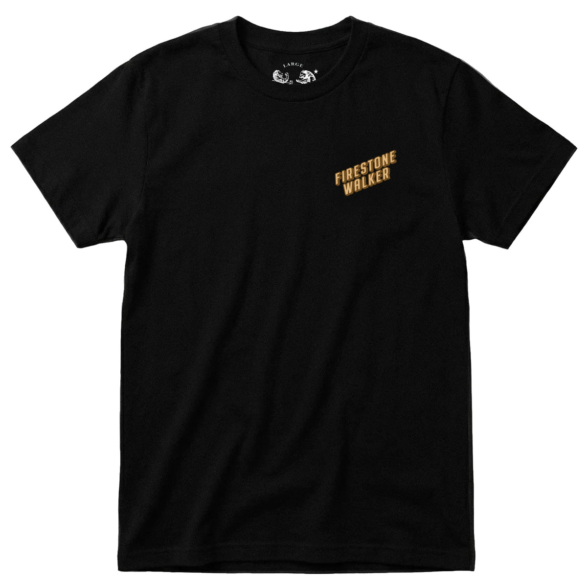 Front of Firestone Walker t-shirt, small text logo on left chest, black