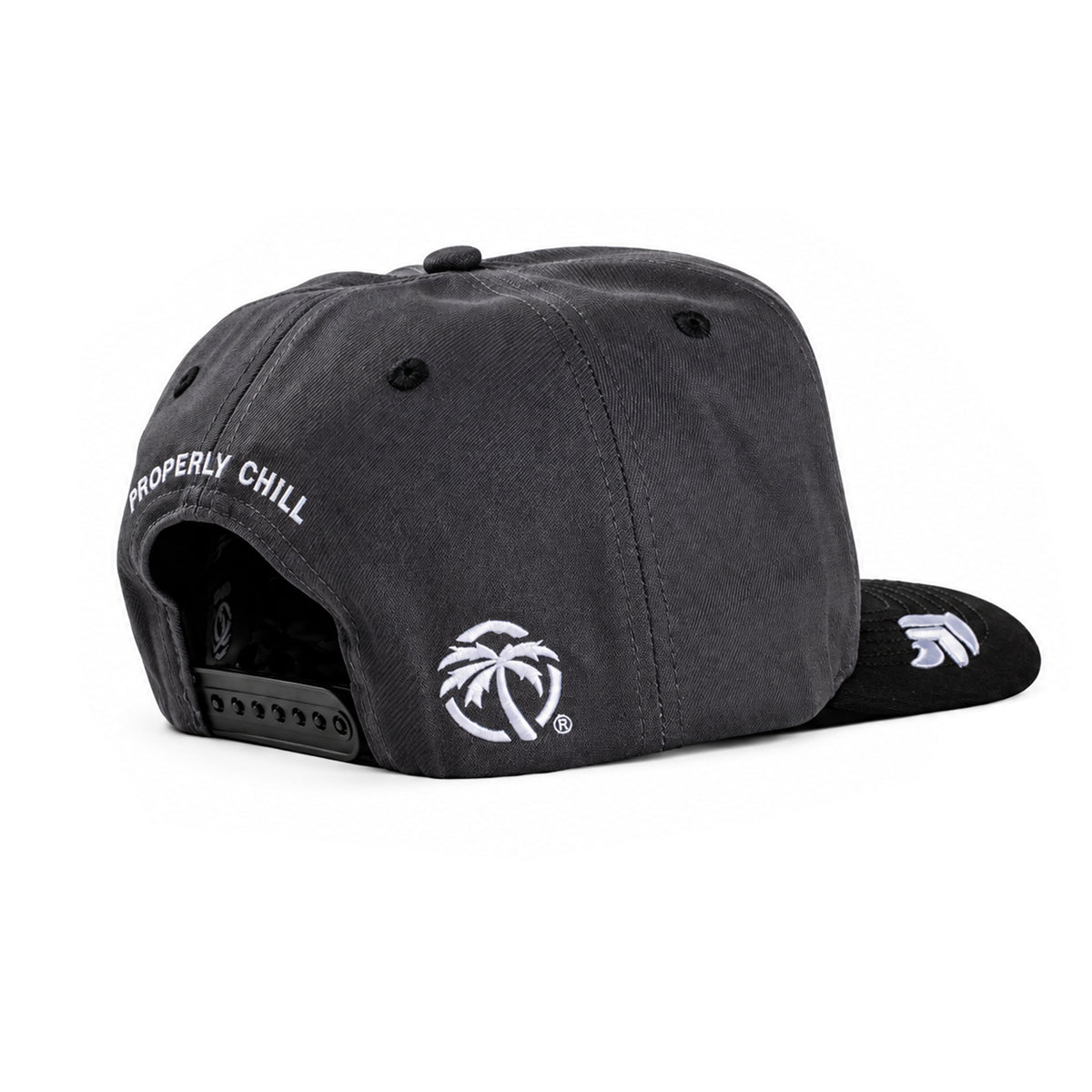 805 x Heat Wave "Properly Chill" hat, back view showing embroidered text, palm tree logo, and snapback closure