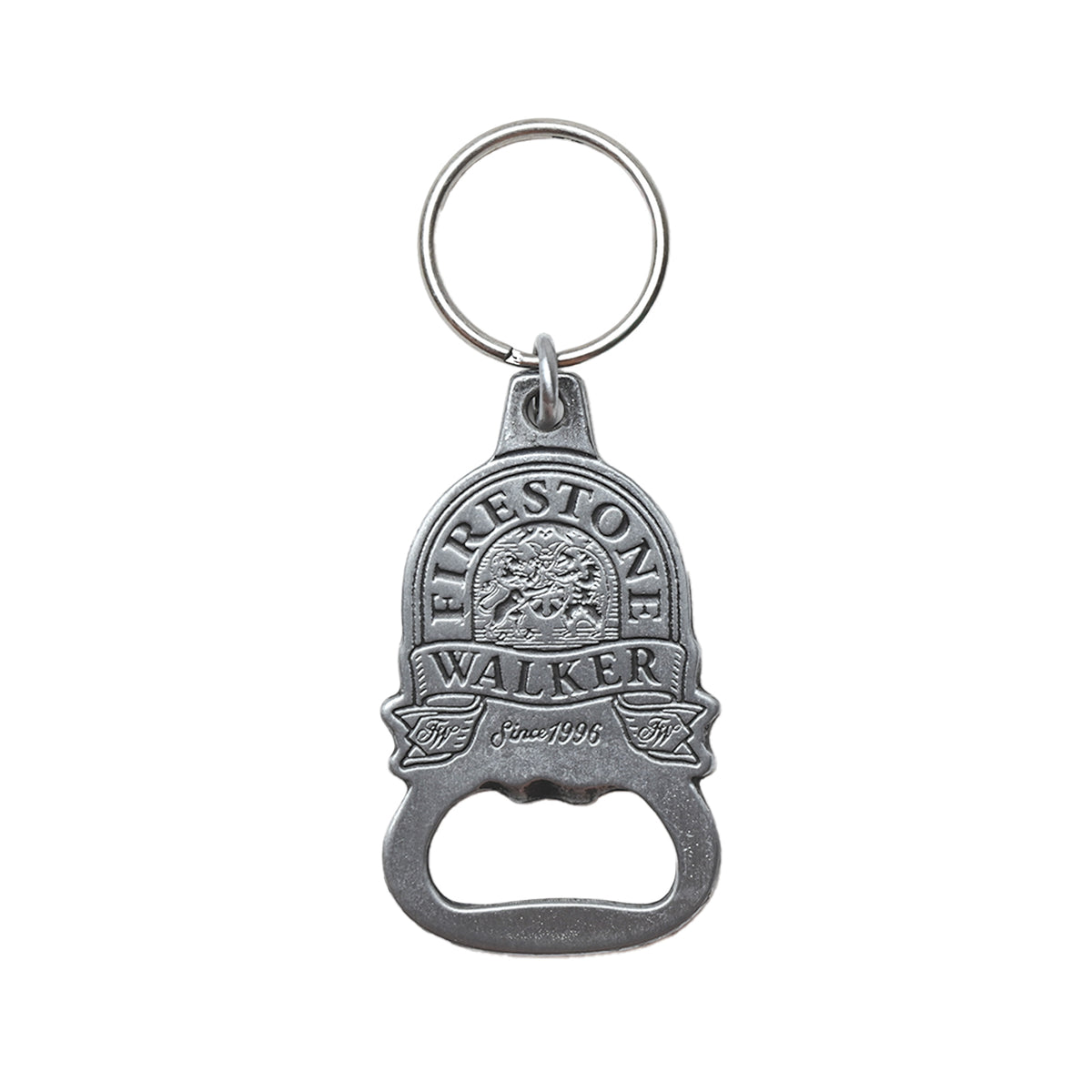 Silver metal keychain with built-in bottle opener, embossed with the Firestone Walker logo and "Since 1996"