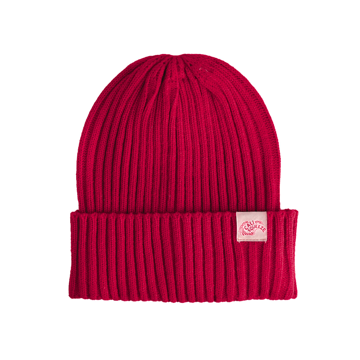 Cali Squeeze Logo Beanie, red ribbed knit with cuff and white woven Cali Squeeze label