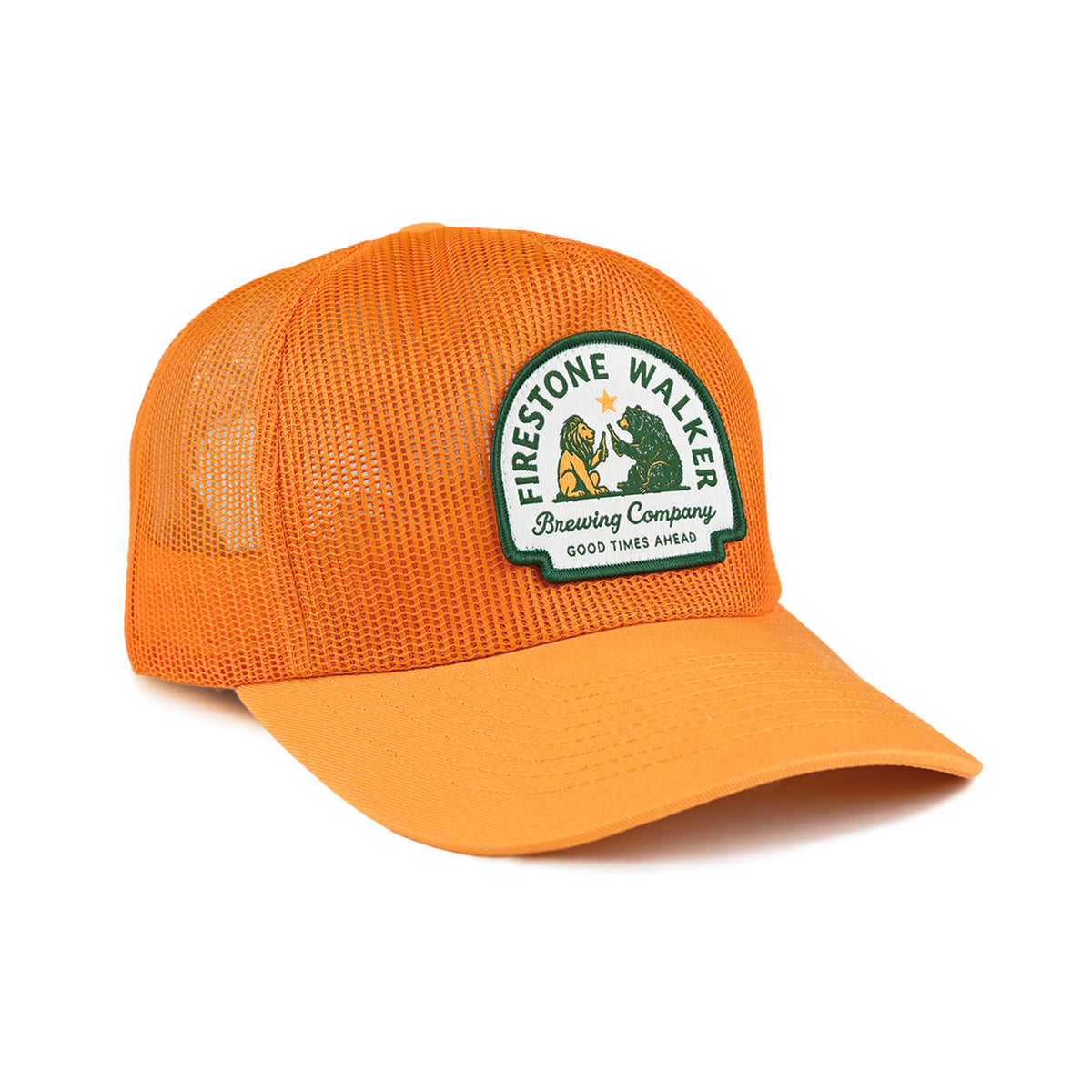 Gold Firestone Walker Good Times Ahead mesh hat at a right angle, showing the front patch, mesh side panels, and curved bill.
