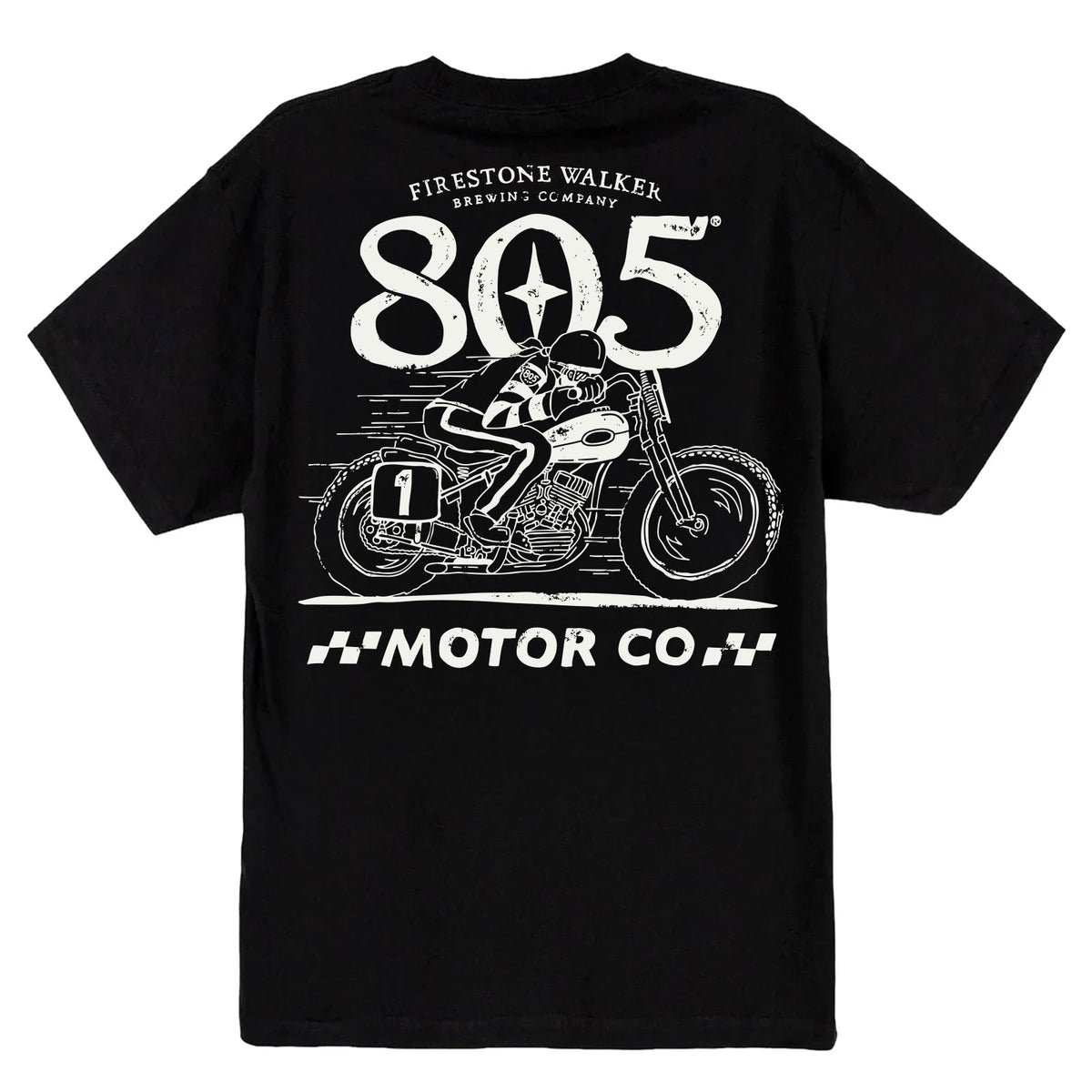 Firestone Walker 805 "Motor Co." t-shirt, back print with motorcycle racer graphic, black