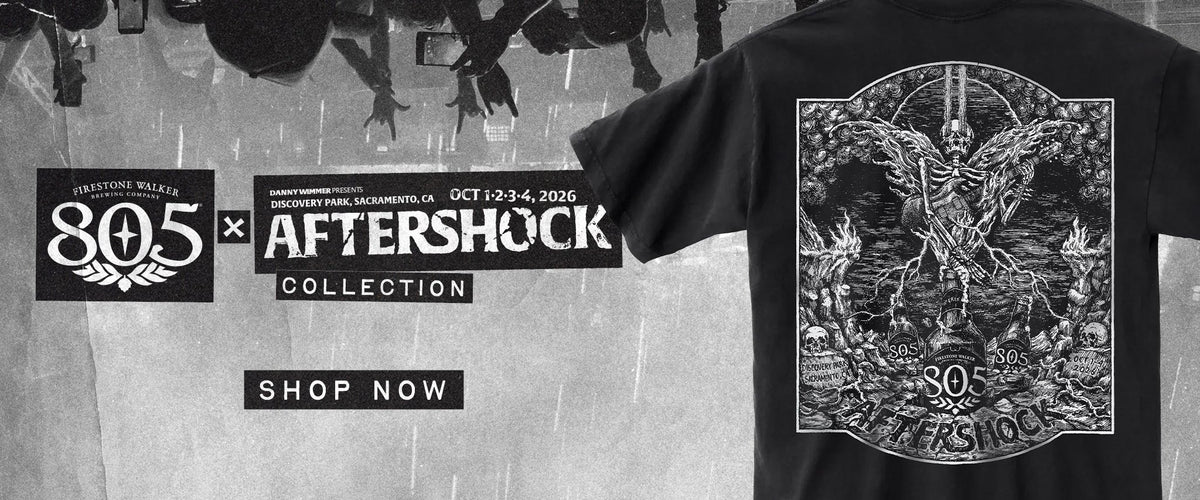 805 x Aftershock Collection, Discovery Park, Sacramento, October 1–4, 2026. Black 805 x Aftershock tee with a hand-illustrated skeleton guitarist and 805 bottles on the back, over a black-and-white photo of a festival crowd. Shop now.