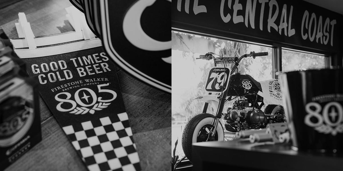 Two photos from the 805 shops: a vintage 805 minibike displayed in the store window under a Central Coast sign, and a black 805 pennant reading "Good Times Cold Beer"