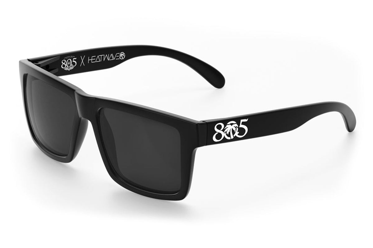 805 x Heat Wave Vise sunglasses, black square frame with 805 logo on temple, angled view