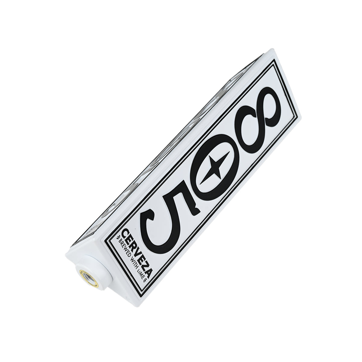 805 Cerveza tap handle shown at angle, white with black logo, threaded mounting base