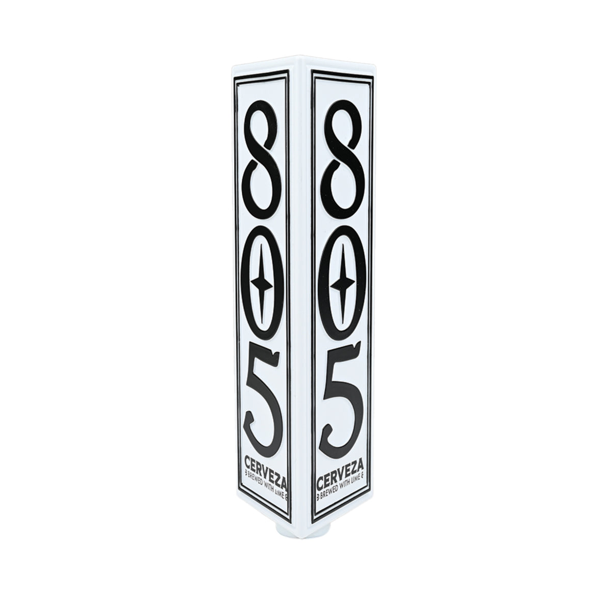 805 Cerveza tap handle, white with black "805 Cerveza Brewed with Lime" logo on two visible sides
