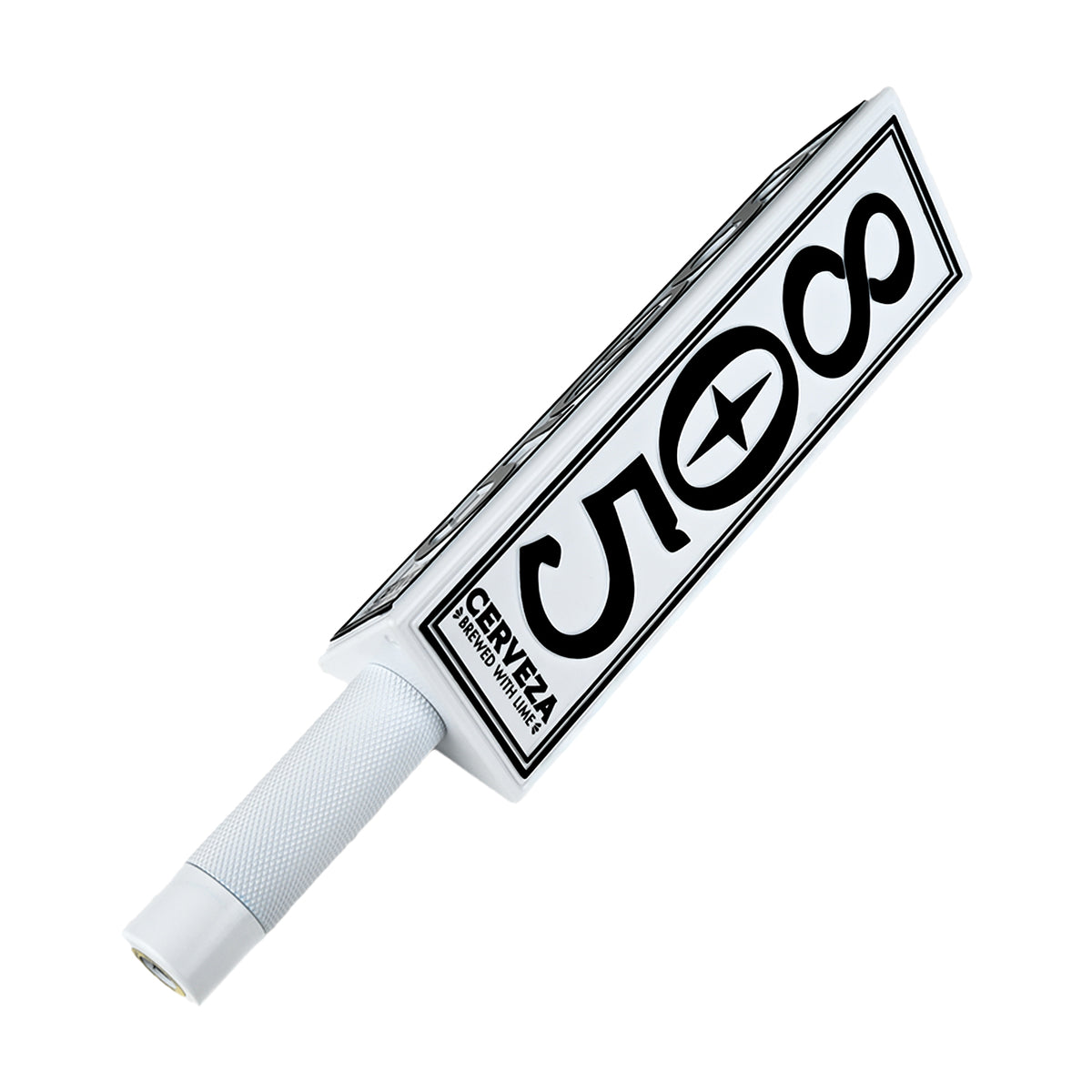 805 Cerveza beer tap handle shown at angle, white with black logo, textured grip base