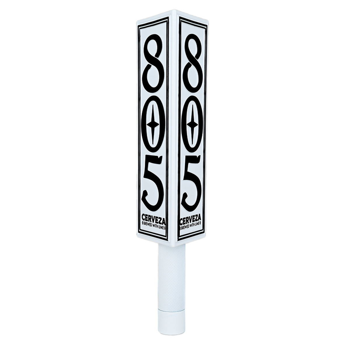 805 Cerveza beer tap handle, white square top with black "805 Cerveza" logo, textured grip base