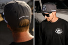 Man wearing gray 805 x Heat Wave "Properly Chill" hat, back view showing embroidered text; man wearing hat and sunglasses with 805 long sleeve shirt