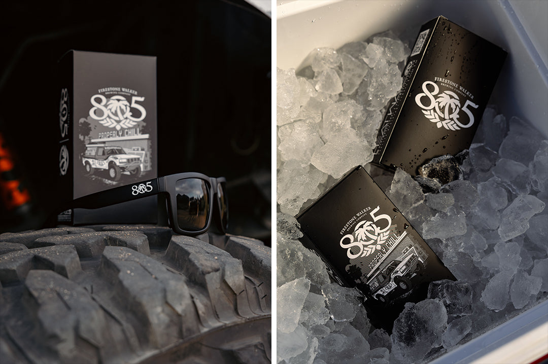 805 x Heat Wave sunglasses with branded box on off-road tire; two 805 boxes packed in ice cooler