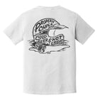 805 "Properly Chill, Cold Beer & Hot Laps" t-shirt, back print with helmet and spilled can graphic, vintage white
