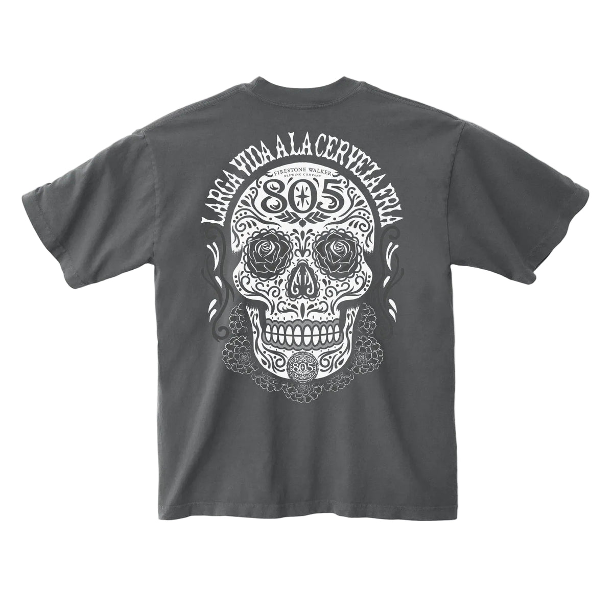 Firestone Walker 805 t-shirt, back print with sugar skull graphic, "Larga Vida a la Cerveza Fria," gray