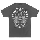 805 "Cold Beer Surf Club" t-shirt, back print with beer can and palm graphic, "Surfing Global Drinking Local," gray