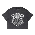 Firestone Walker 805 women's cropped t-shirt, front print with winged bottle and shield logo graphic, stone wash black