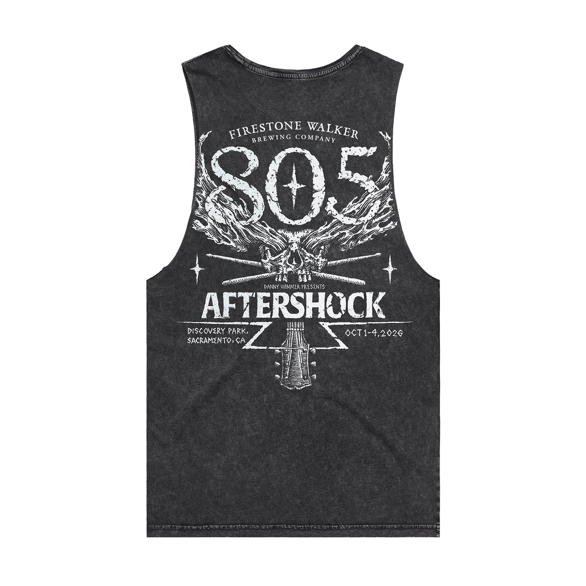 805 tank top, back print with skull and drumsticks graphic, Aftershock festival Discovery Park Sacramento, October 1-4 2026, acid-wash black