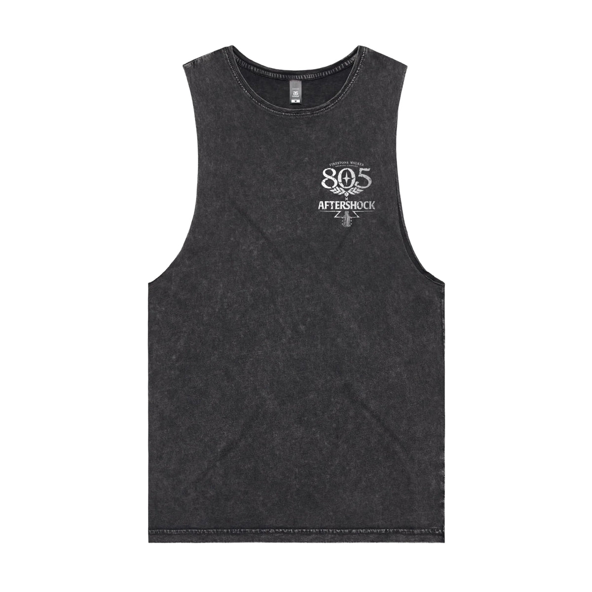 805 x Aftershock tank top, front view with small logo on left chest, acid-wash black