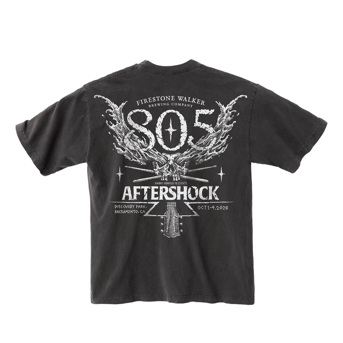 805 t-shirt, back print with skull and drumsticks graphic, Aftershock festival Discovery Park Sacramento, October 1-4 2026, faded black