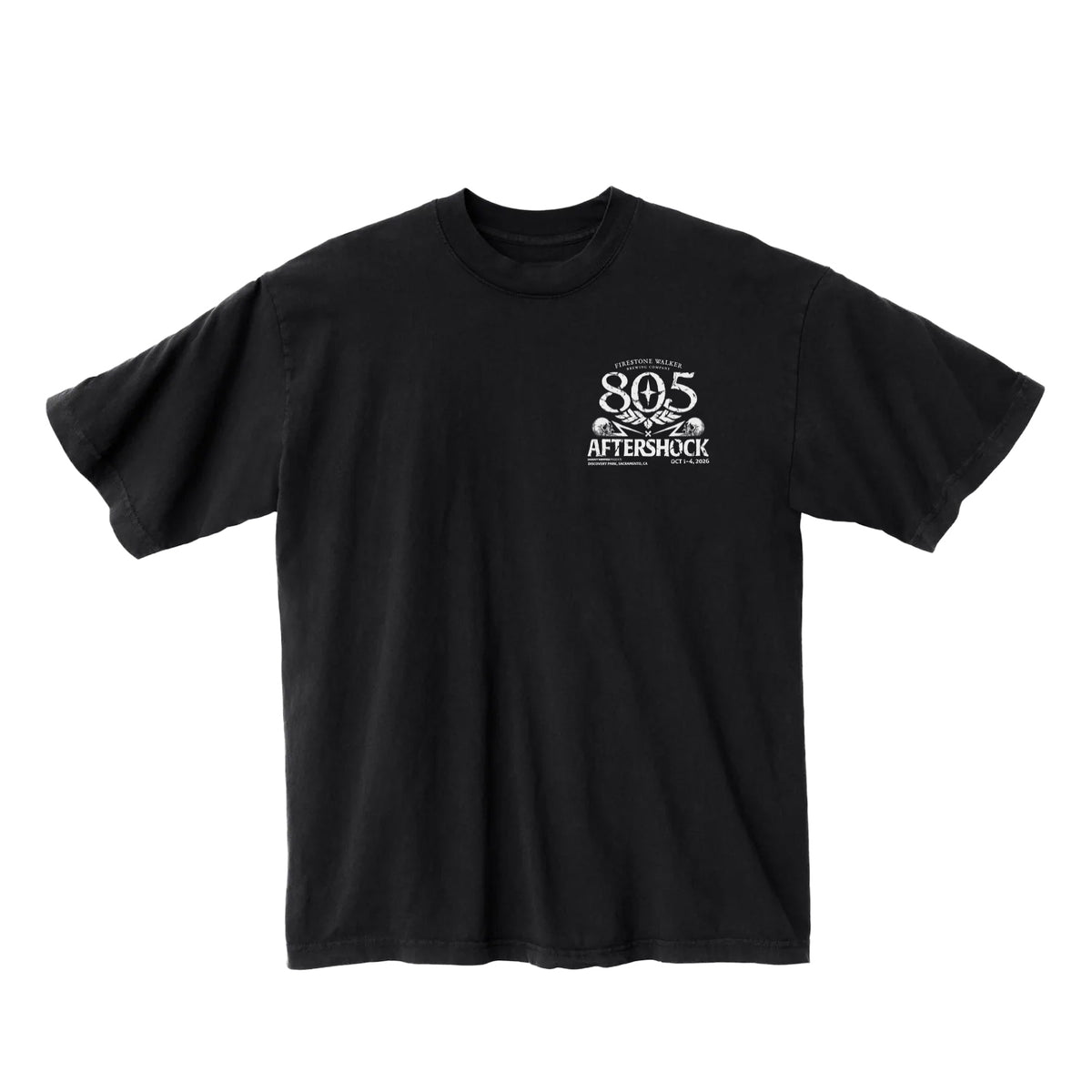 805 x Aftershock t-shirt, front view with logo on left chest, Discovery Park Sacramento October 1-4 2026, black