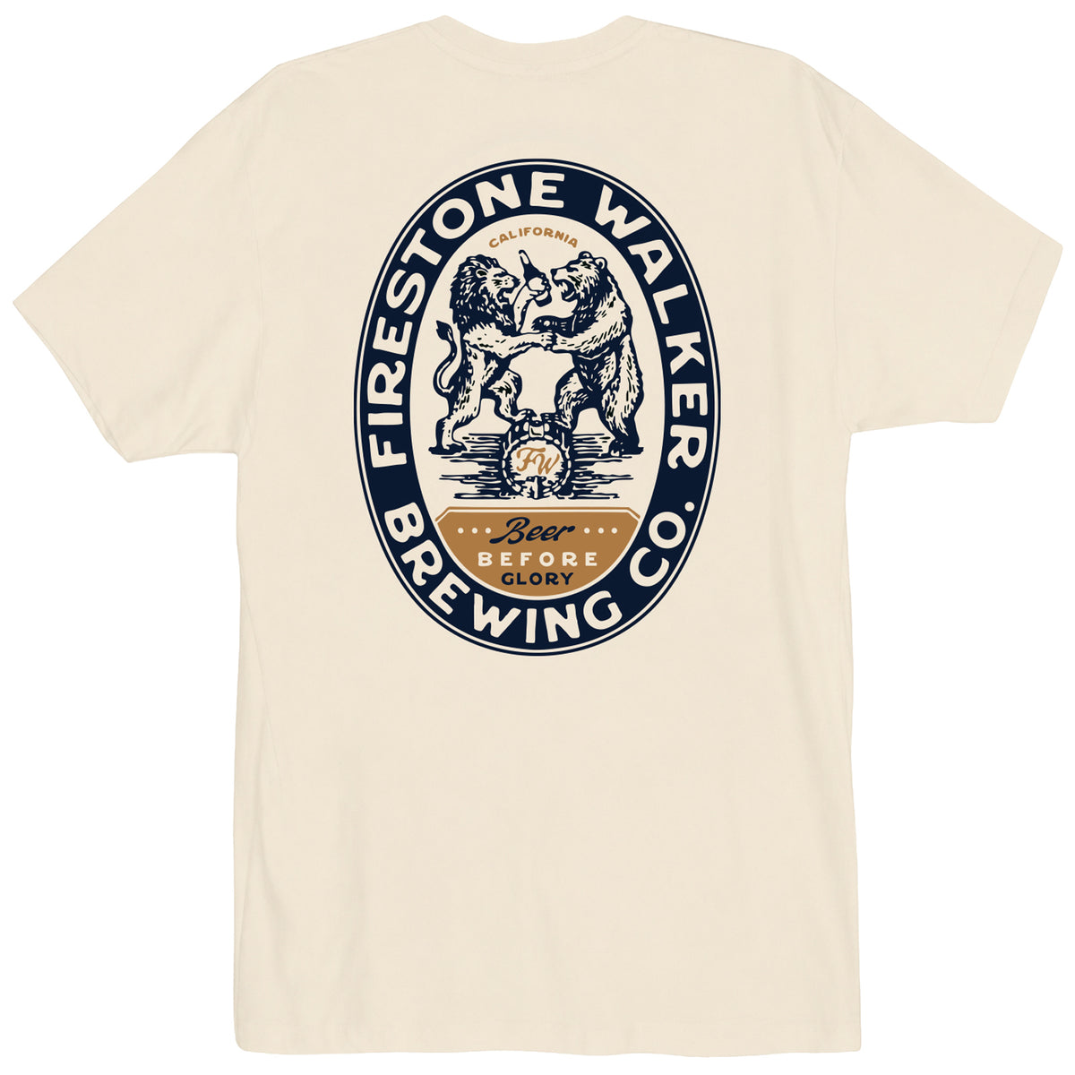 Firestone Walker Brewing Co "Beer Before Glory" t-shirt, back print with lion and bear crest, cream