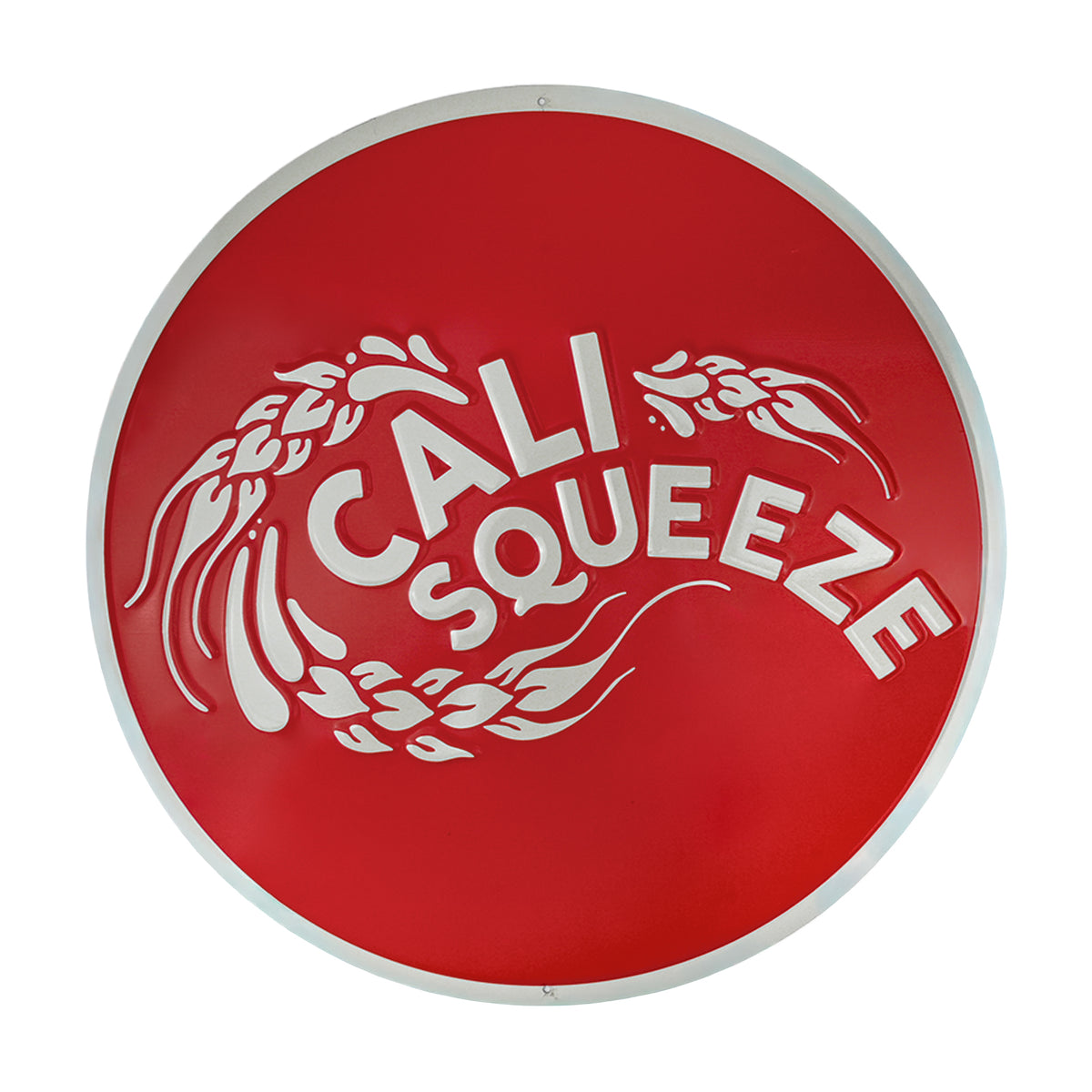 Cali Squeeze round embossed metal tacker sign, red with white citrus swirl design