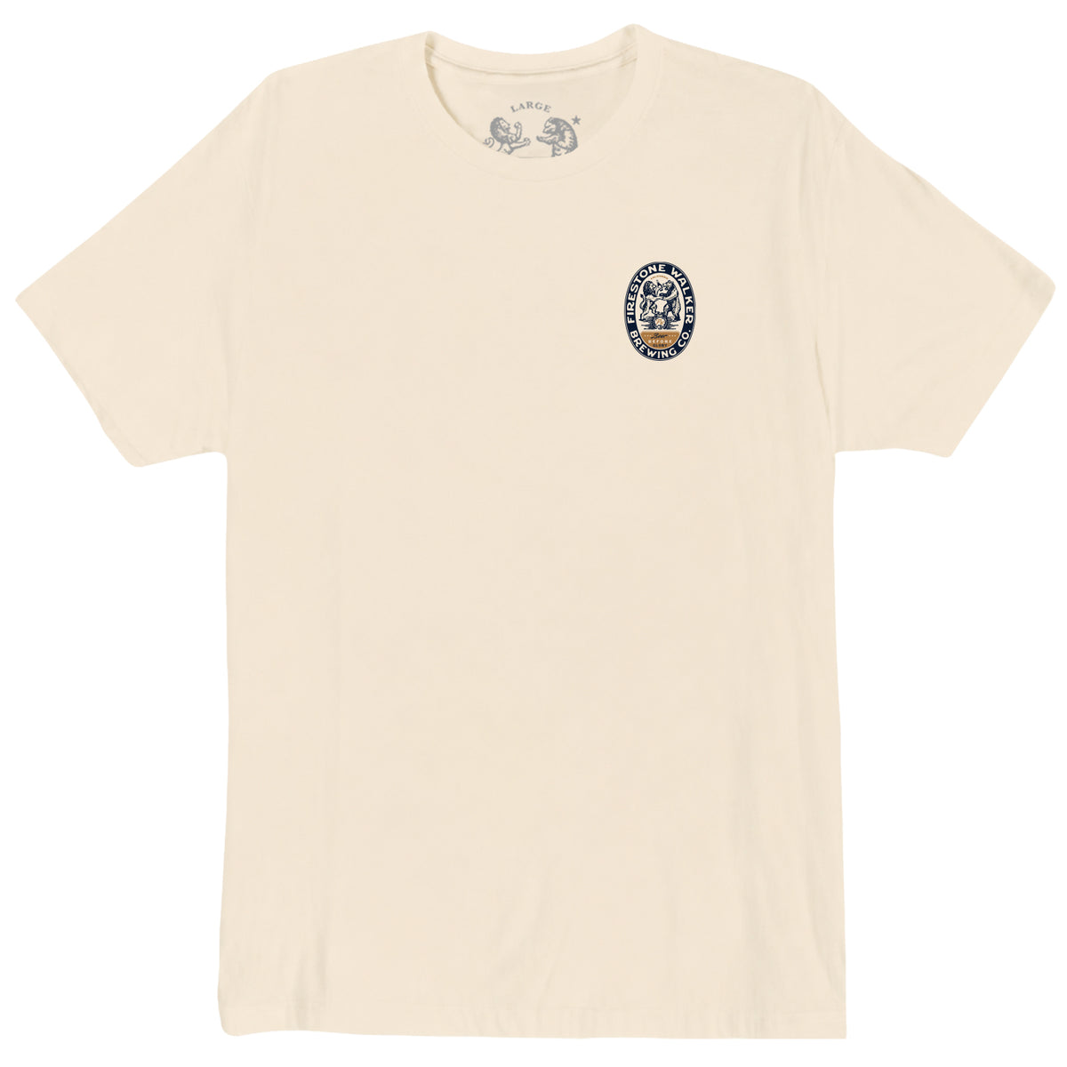 Front of Firestone Walker Brewing Co "Beer Before Glory" t-shirt, small lion and bear crest on left chest, cream