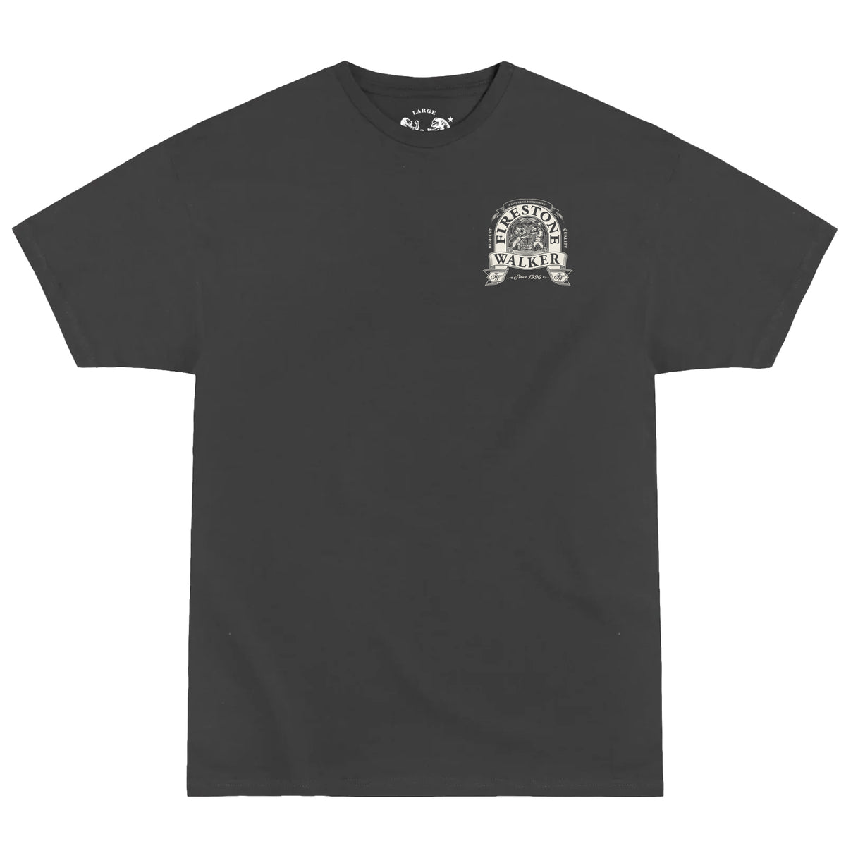 Front of Firestone Walker t-shirt, small badge logo on left chest, "Since 1996," dark gray