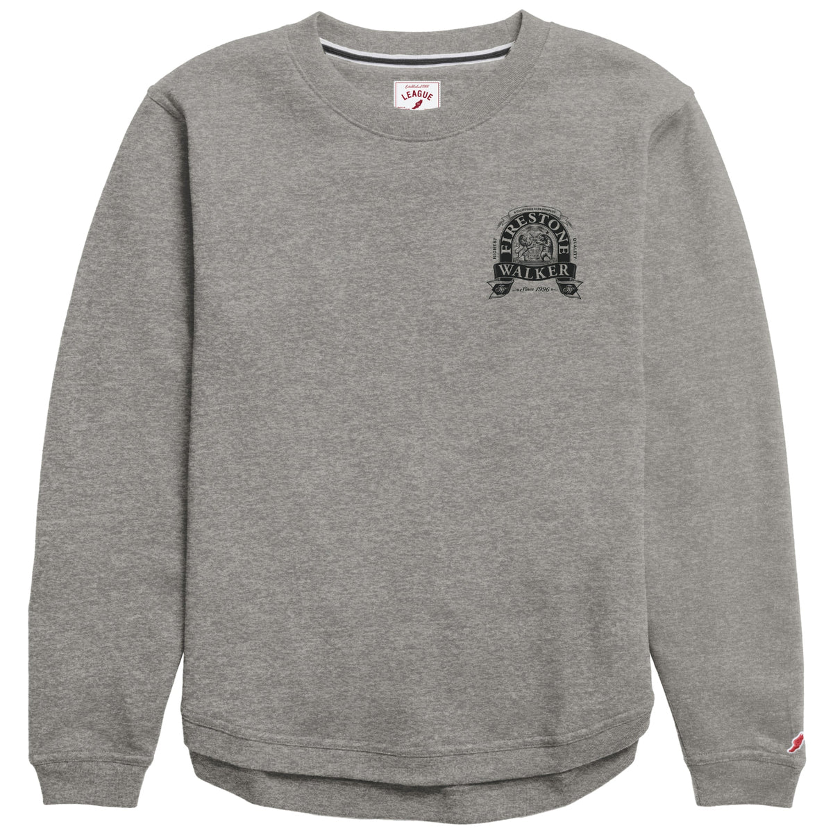Firestone Walker women's gray crewneck sweatshirt with small black Firestone Walker logo on left chest