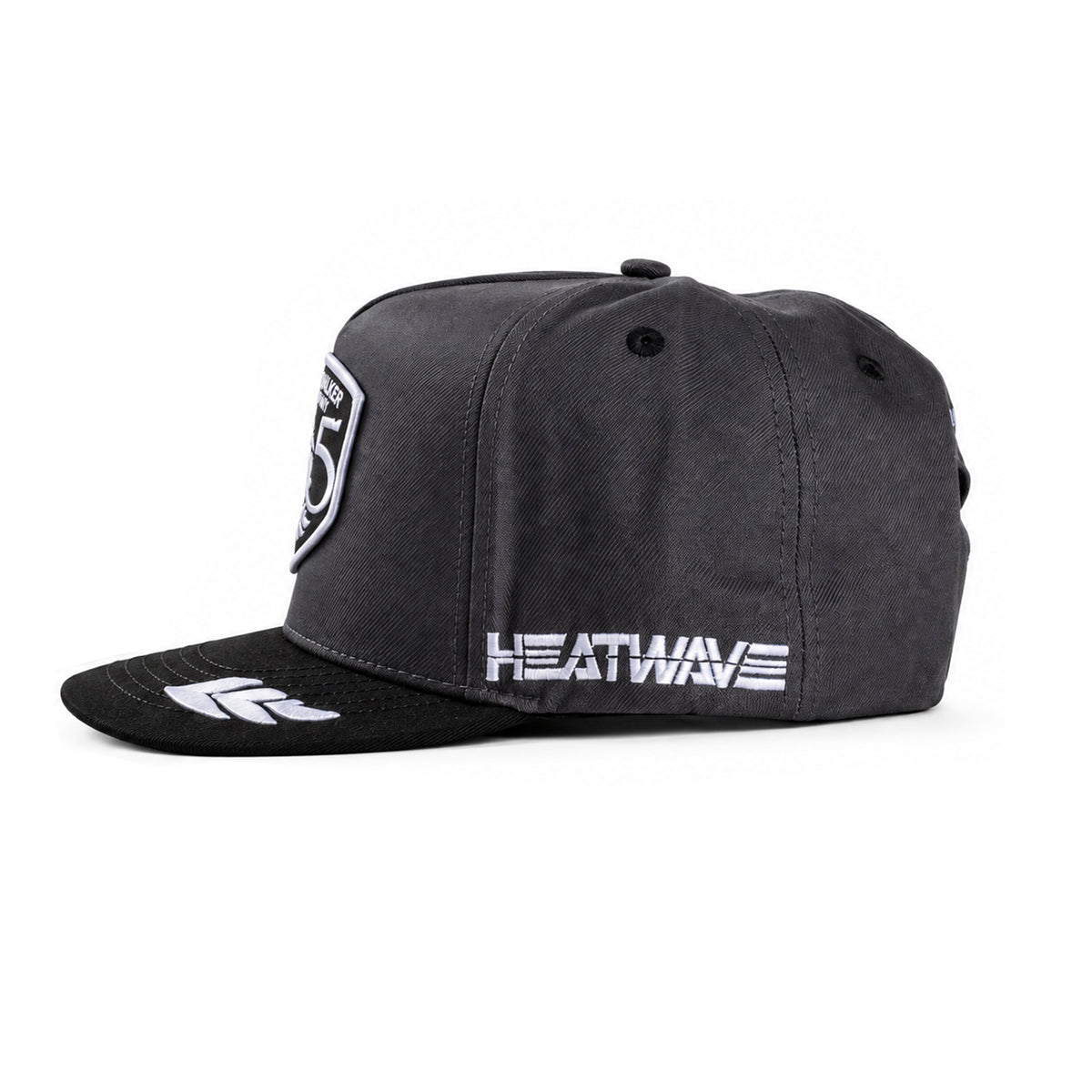 805 x Heat Wave "Properly Chill" hat, side view showing "Heatwave" embroidery and black brim