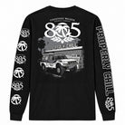 805 x Heat Wave "Properly Chill" long sleeve shirt, back print with off-road truck and ice house graphic, sleeve prints repeat "Properly Chill" and 805 logo, black