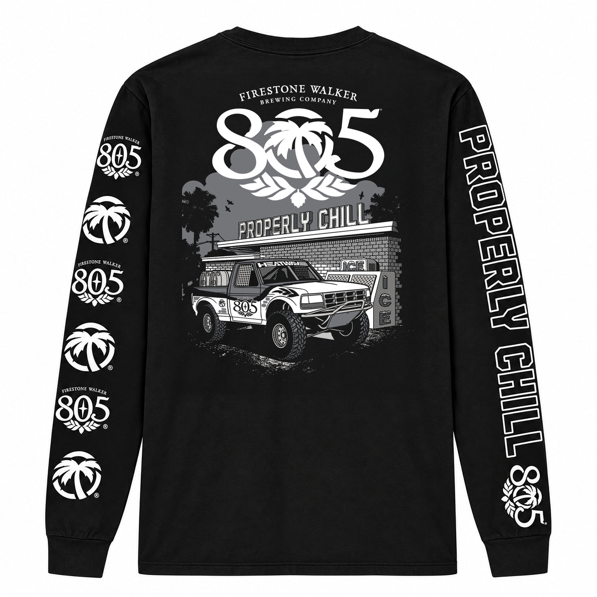 805 x Heat Wave "Properly Chill" long sleeve shirt, back print with off-road truck and ice house graphic, sleeve prints repeat "Properly Chill" and 805 logo, black