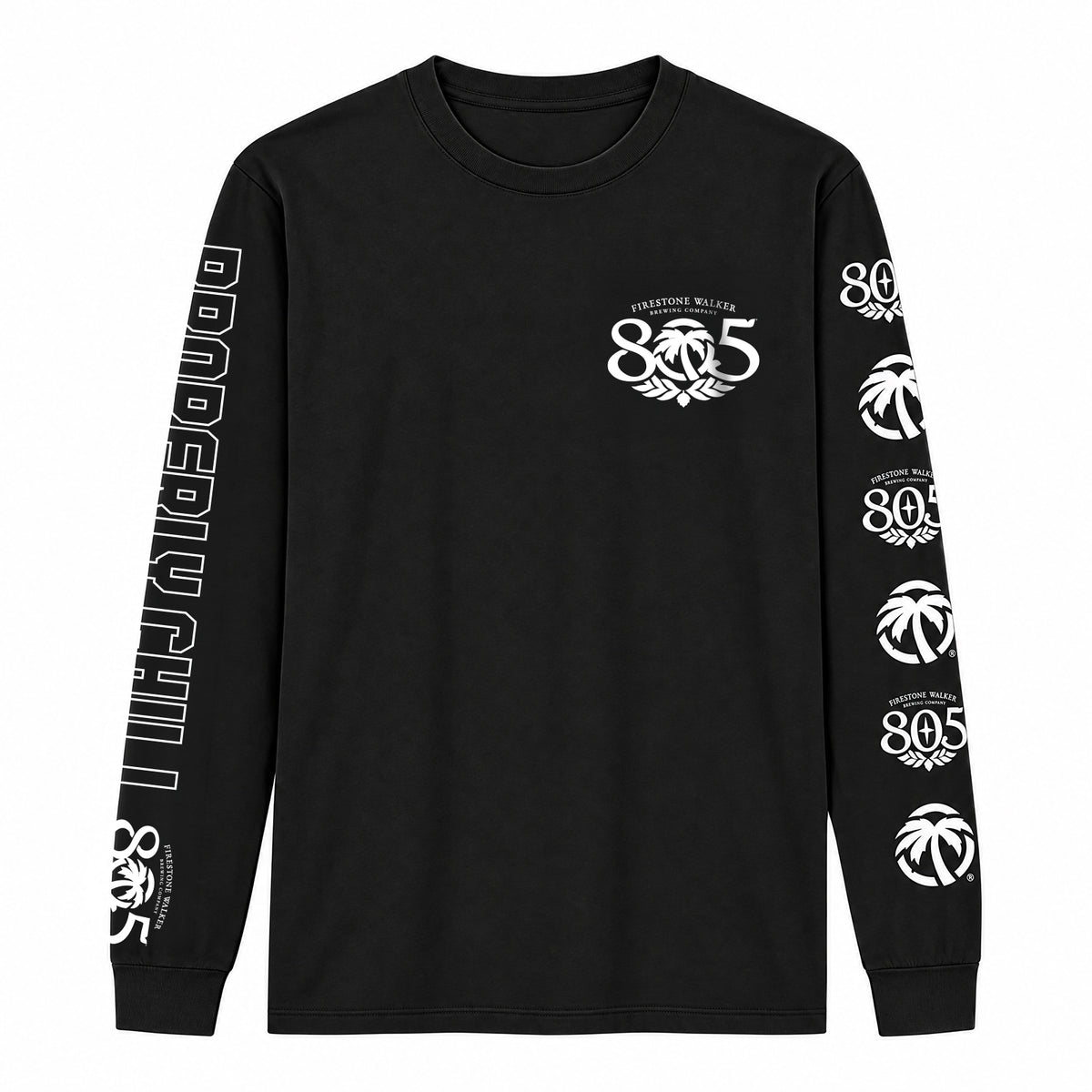 805 x Heat Wave "Properly Chill" long sleeve shirt, front view with 805 logo on left chest, sleeve prints repeat "Properly Chill" and 805 logo, black