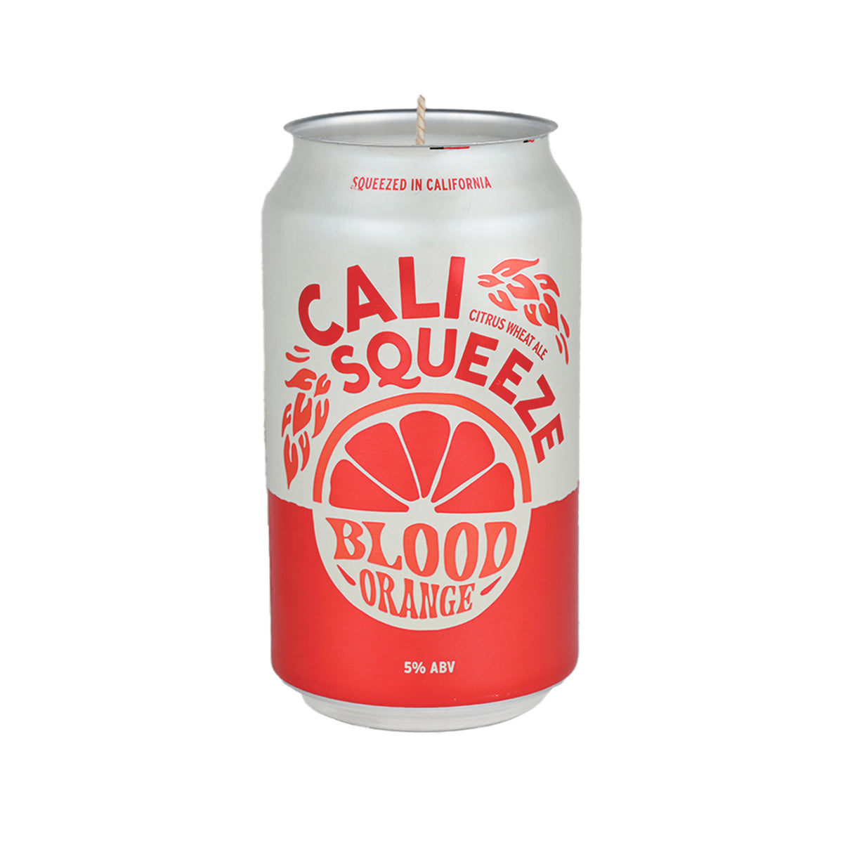 Cali Squeeze Candle made from a Blood Orange citrus wheat ale can, silver and red with orange slice graphic